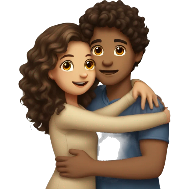 girl with dark brown wavy hair and boy with light brown curly hair kissing and hugging  emoji