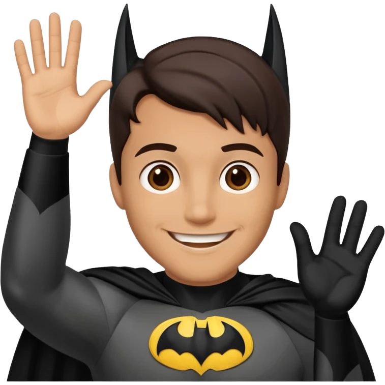 Make a man with brown eyes and dark hair in a Batman costume waving "hello" emoji