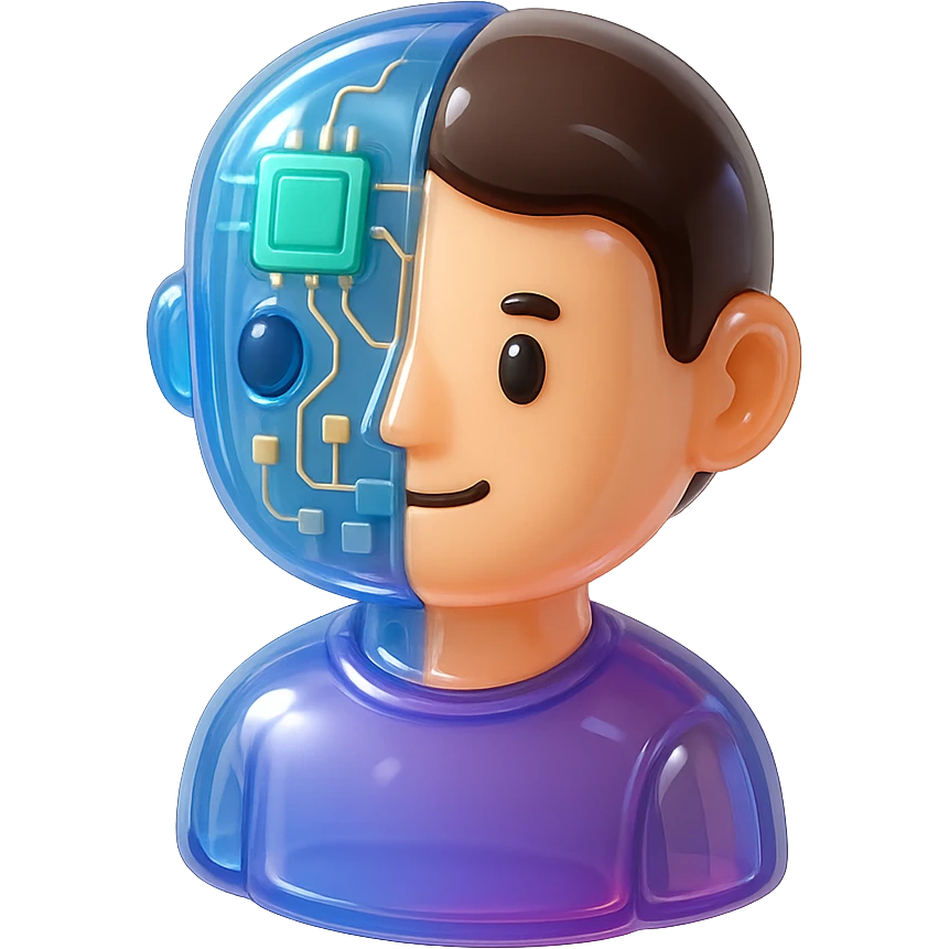 A person with a split personality, one side digital and the other human, symbolizing the duality of digital and real identity. emoji