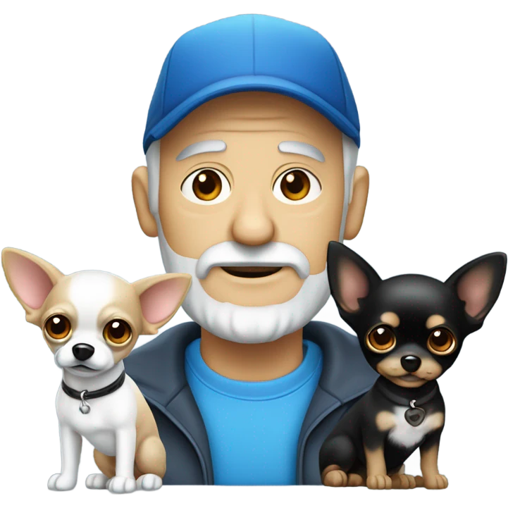 Old man with ‘blue eyes’ goatee beard ball cap holding black long haired chihuahua emoji