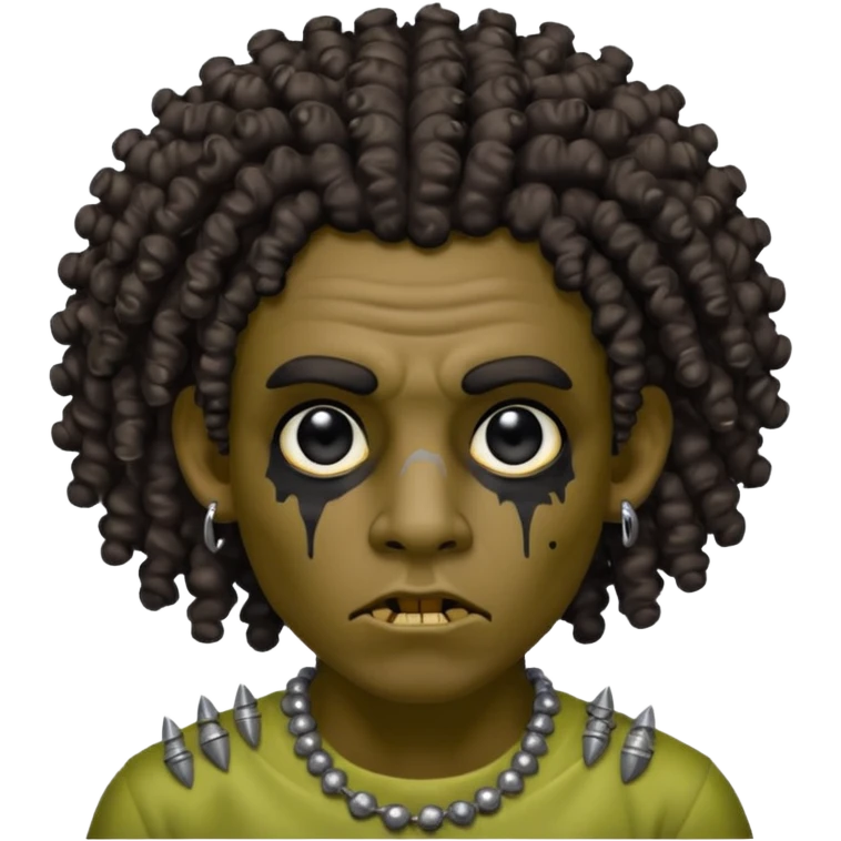Zumbi man with curly hair, black eye, studded earrings on both ears emoji