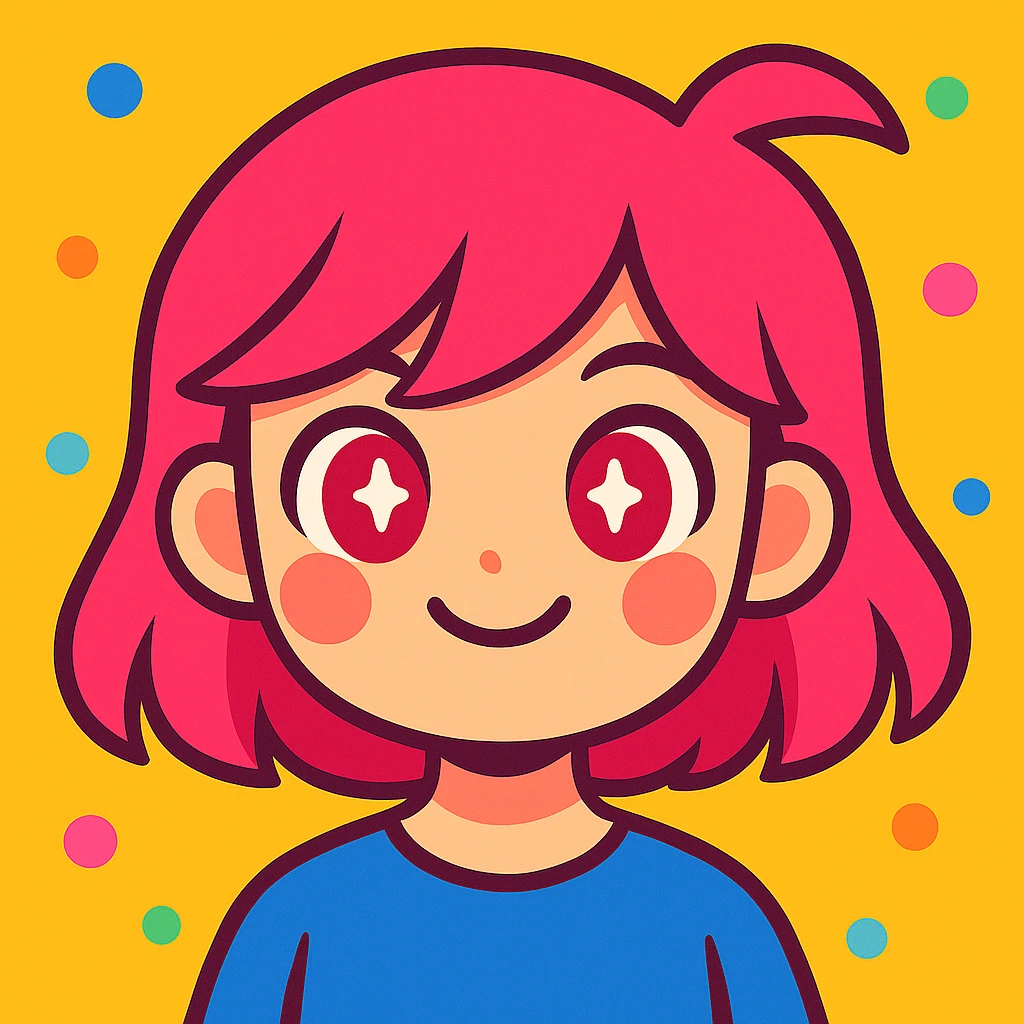 Change to a different hairstyle, keep pink hair and red eyes, modern cute illustration style. emoji