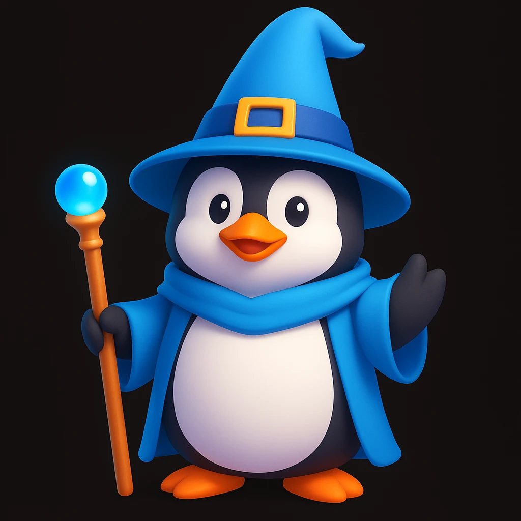 A penguin dressed as a wizard with a blue cape emoji