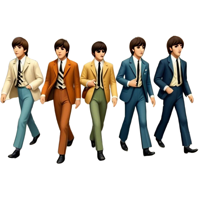 Cinematic Realistic The Beatles Abbey Road Scene Emoji, depicting the legendary band of four crossing the iconic zebra-striped street in their classic outfits, exuding effortless charisma and musical legacy. The scene is bathed in warm, nostalgic lighting with rich textures that capture the essence of 1960s rock history. emoji