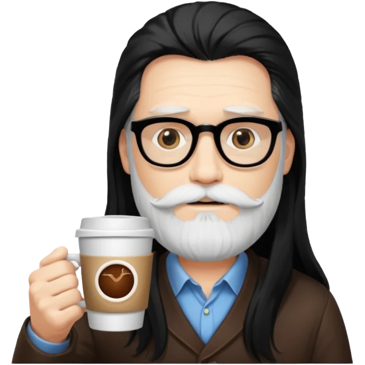 men with white bearded long black hair  with opticals  on holding coffee cup emoji
