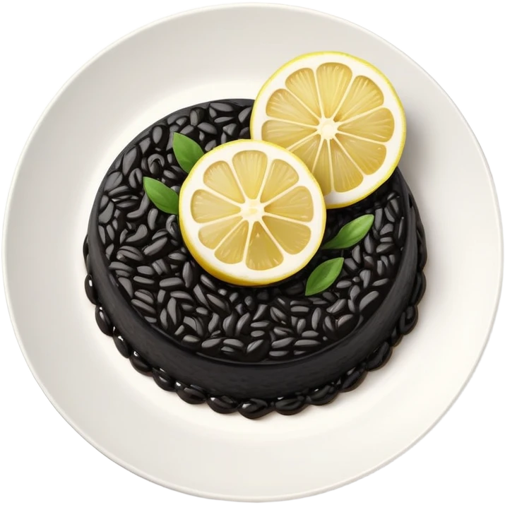 cinematic-realistic-black-risotto-dish,-showcasing-dramatic-lighting in a white plate with a single slice of grilled lemon on top emoji