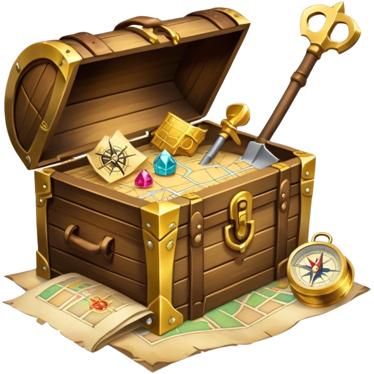 An icon featuring a treasure chest overflowing with gold, a treasure map with a compass rose, a backpack, and a shovel. The map guides the way, symbolizing the adventure of treasure hunting. Set against a transparent background, the design evokes excitement and exploration. emoji