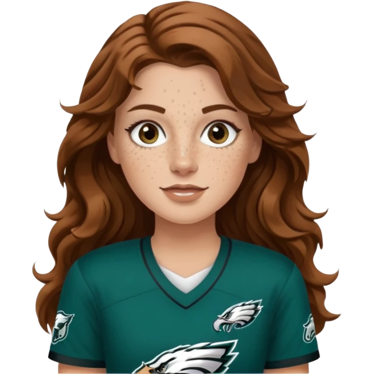 White girl with long brown wavy hair and freckles wearring a Philadelphia eagles jersey emoji