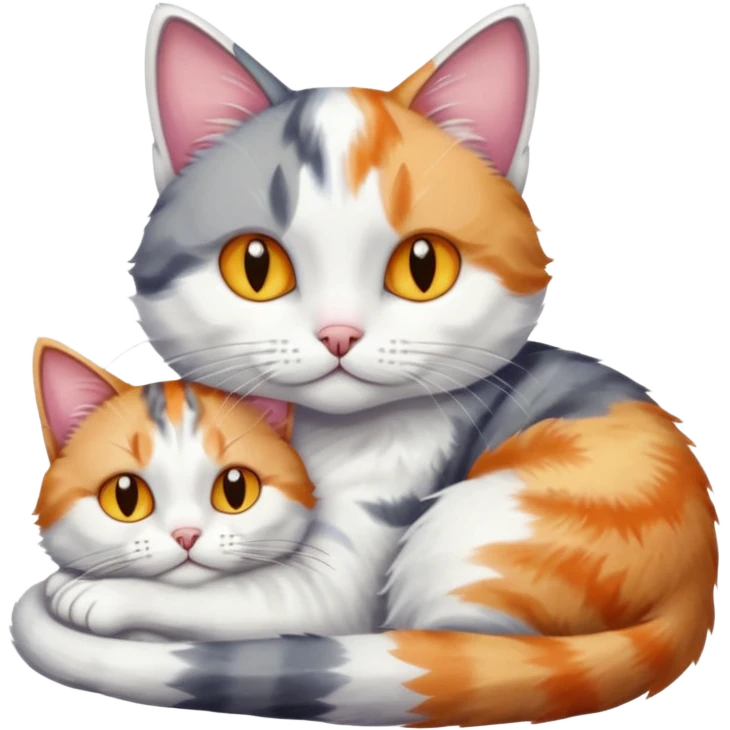grey and white cat cuddling a colourful light patched calico + white tabby cat emoji
