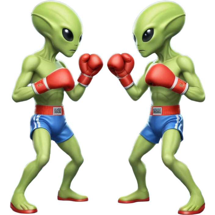 two aliens boxing in a fight stance, facing each other with raised gloves, dynamic action pose, intense expressions, sci-fi arena vibe, 3D cartoon style, mobile game icon style, clean background, no text, no watermark
 emoji