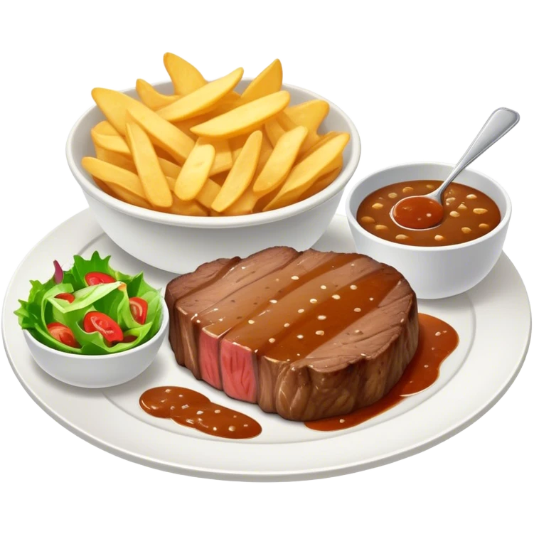 big juicy australian steak meal featuring chips, small salad in a ramikan and gravy in a small bowl on the plate emoji