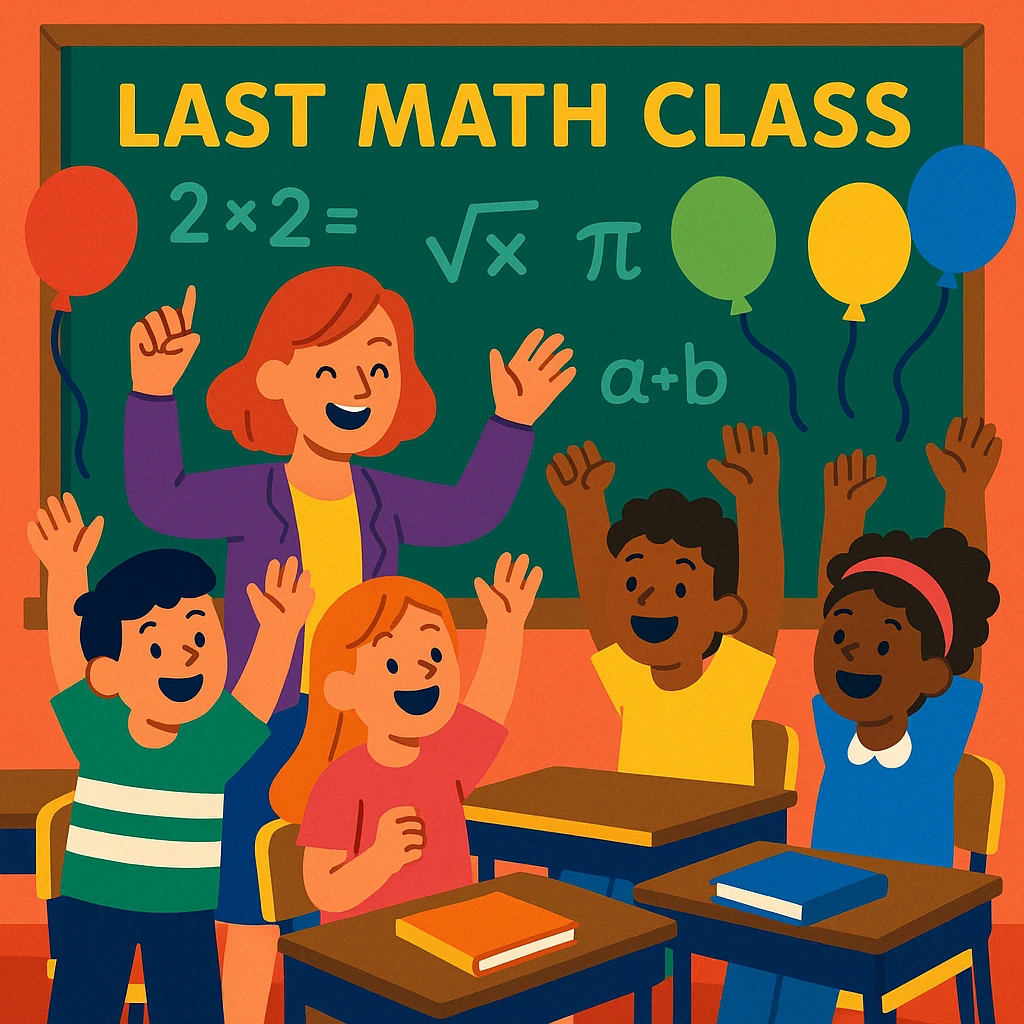 cartoon classroom scene with students and a teacher celebrating the last math class, math symbols on the chalkboard, balloons emoji