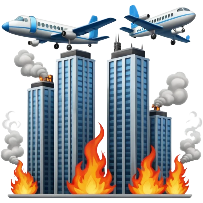 Two  similar skyscrapers and the plane that crashed into them. emoji