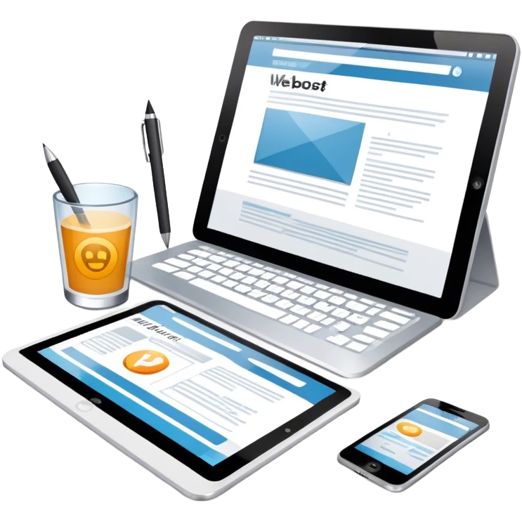 Modern icon for Web Design: a computer and smartphone or tablet screen displaying a website layout, HTML code, and design tools like a stilus. Transparent background. emoji