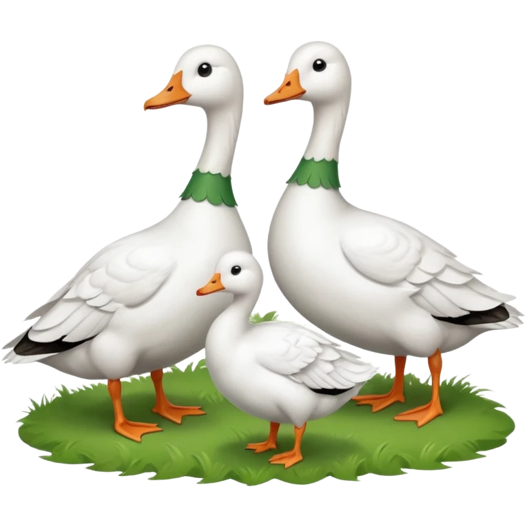 9 white geese standing on a green hill, front view, foggy, all looking in different directions, one is on the top  emoji