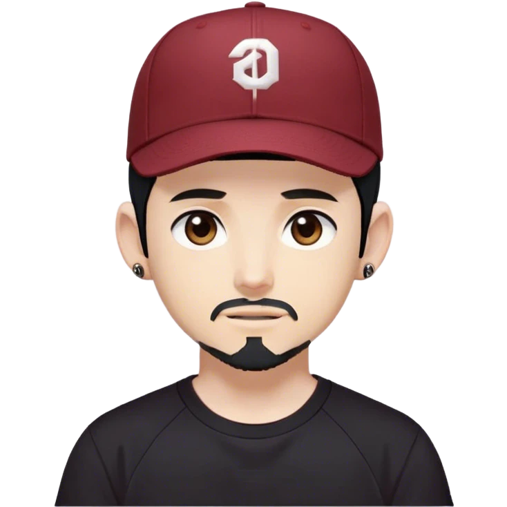 masterpiece,anime style,funny style,medium shot,twitch emote of a young adult alone with short beard without mustache,uncovered forehead,dark red baseball cap backwards,black hair backwards,shoulder length hair,black t-shirt,uncovered ears emoji