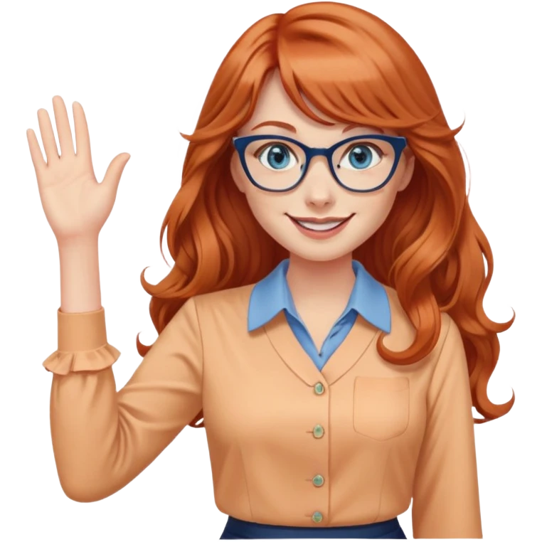redheaded woman with very long wavy hair and bangs, blue eyes, cat-eye glasses, pencil skirt, apricot blouse, waving, smiling emoji