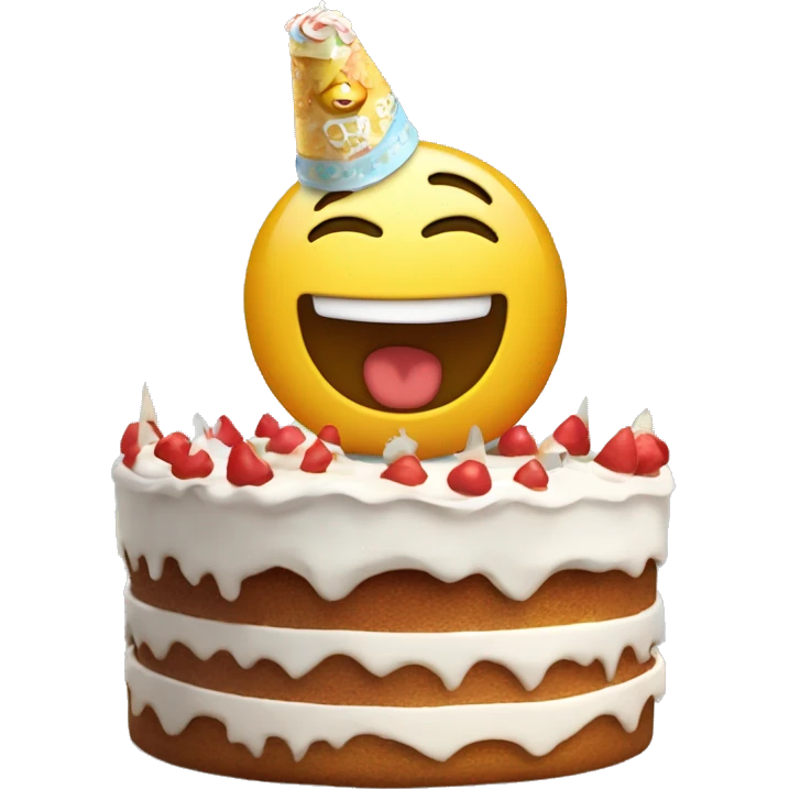 un emoji avec un gateau et avre ecris joyeux anniverair decue emoji