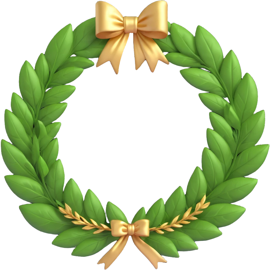 A laurel wreath made of fresh or natural-looking laurel leaves, neatly woven into a circle. The leaves are glossy, rich green, with golden veins. The wreath is adorned with a thin golden ribbon tied in a bow at the back. emoji