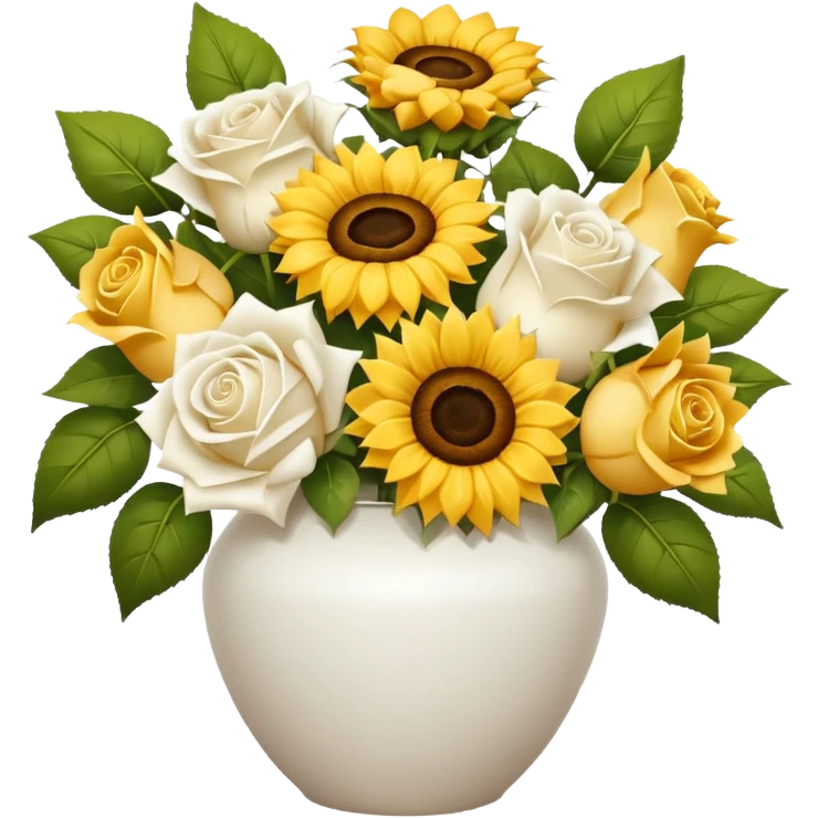 Bouquet with yellow roses sunflowers and white roses in a white vase and a white bow emoji