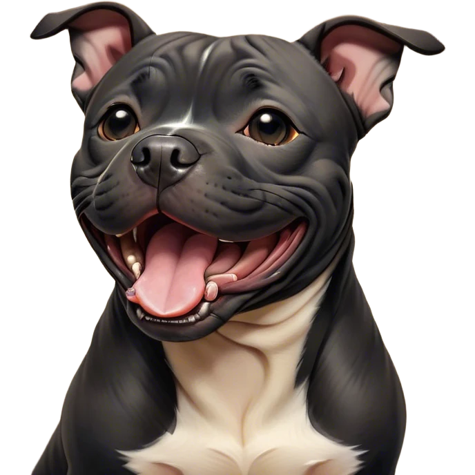 Cinematic Cute Yawning Black/Brindle Staffordshire Bull Terrier Portrait Emoji, Head tilted slightly with a dramatic, wide-open yawn, showcasing a smooth Fur with a striking black and brindle pattern, floppy ears slightly drooping, round dark eyes barely open in drowsy contentment, Simplified yet irresistibly adorable features, highly detailed, glowing with a soft, cozy glow, high shine, relaxed yet expressive, stylized with a touch of whimsy, bright and endearing, soft glowing outline, capturing the essence of a sleepy yet affectionate guardian, so drowsy it feels like it could stretch right out of the screen and curl up for a nap! emoji
