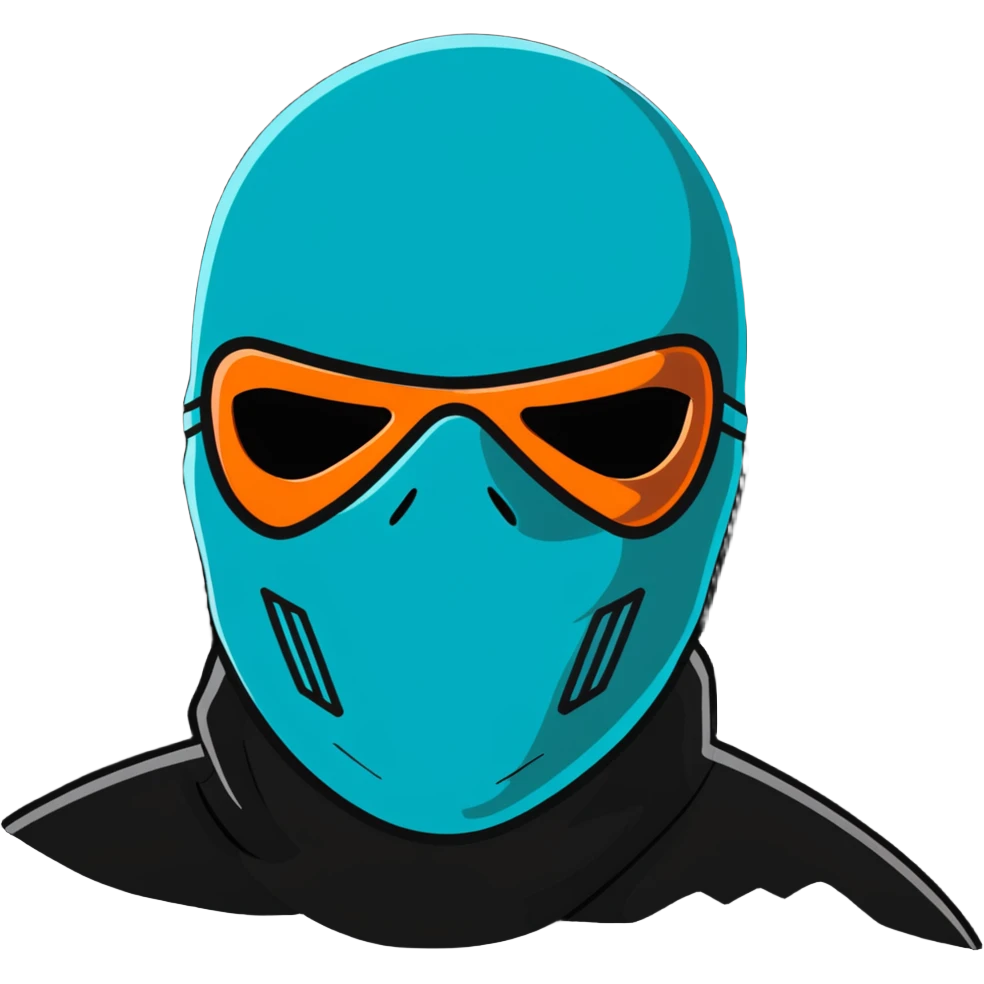 teal and orange ski mask with menacing face emoji