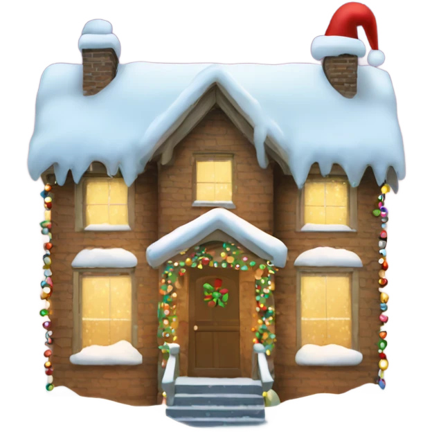Christmas house wrapped in christmasmlights covered in snow emoji