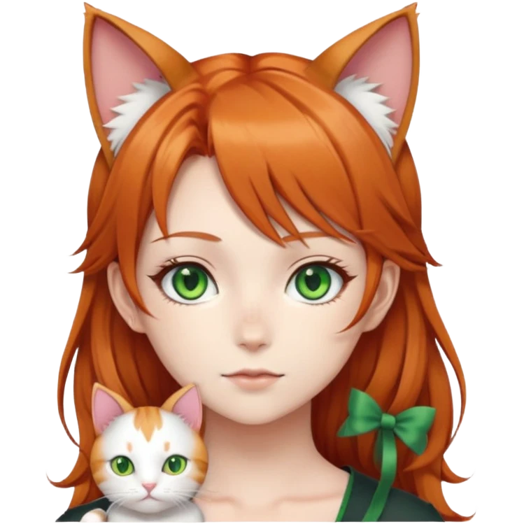 Anime girl with cat ears and she has ginger hair and green eyes emoji