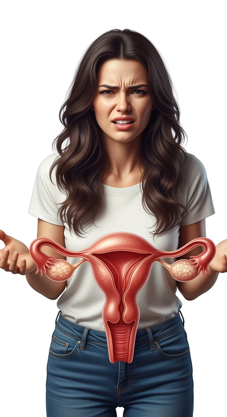 donna vestita casual realistico con utero umano anatomico in evidenza, dolore in volto
, IPERREALISTICO 4K, sfondo bianco emoji