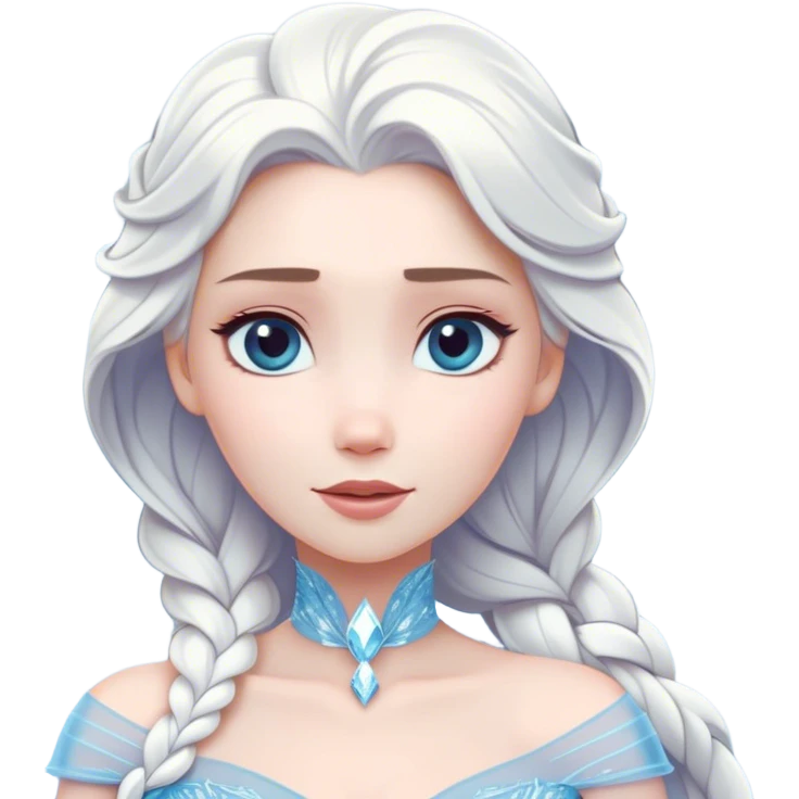 Cinematic Timeless Snow Queen Portrait Emoji, rendered in a clean, vector style. Depict Elsa with icy pale skin, intricately styled platinum hair, and a serene, regal expression, dressed in a minimalist ice-blue gown. The design features bold, simplified shapes, a soft, drowsy crystalline glow, and a subtle glowing outline, capturing the essence of timeless, majestic winter beauty. emoji