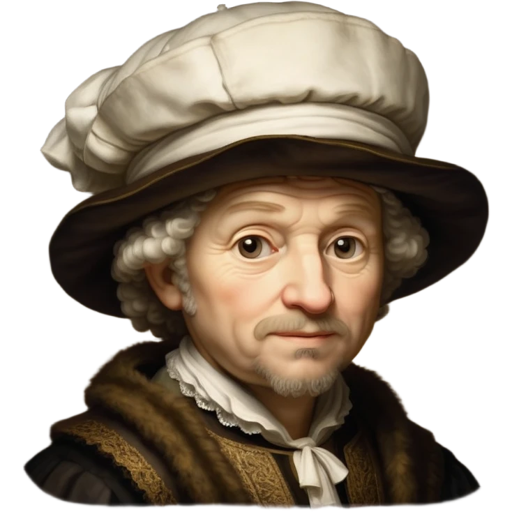 emoji of rembrandt,-shown-as-a-master-artist-with-deep,-introspective-eyes-and-richly-detailed-period-clothing,-rendered-with-dramatic-chiaroscuro-lighting-that-emphasizes-his-legacy white puffy hat emoji