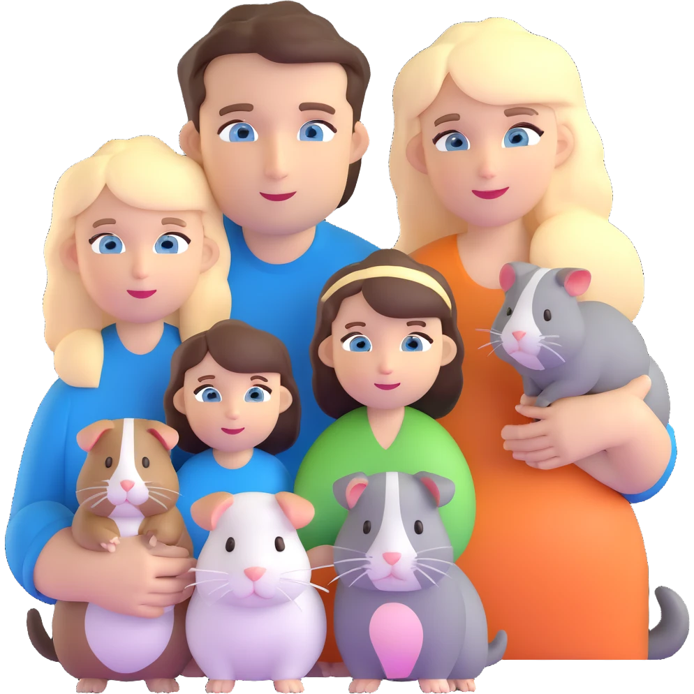 Family portrait with father with dark brown hair and blue eyes, mother with light brown hair and blue eyes, three blonde little girls with blue eyes, plus a grey cat and two guinea pigs emoji