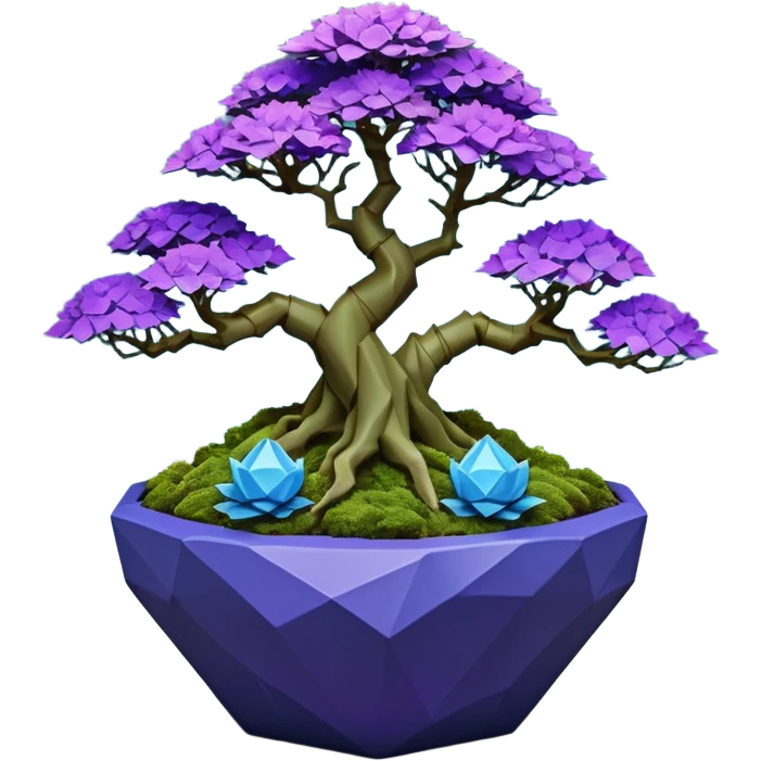 Futuristic wild glowing alien moss maples Bonsai hair-fine-leaf group multi faceted intricate crystal inspired boxwood purple rose blue informal rocky cliffhanger eight trees forest planting in shallow origami slab style pot with big anthropomorphic feet  emoji