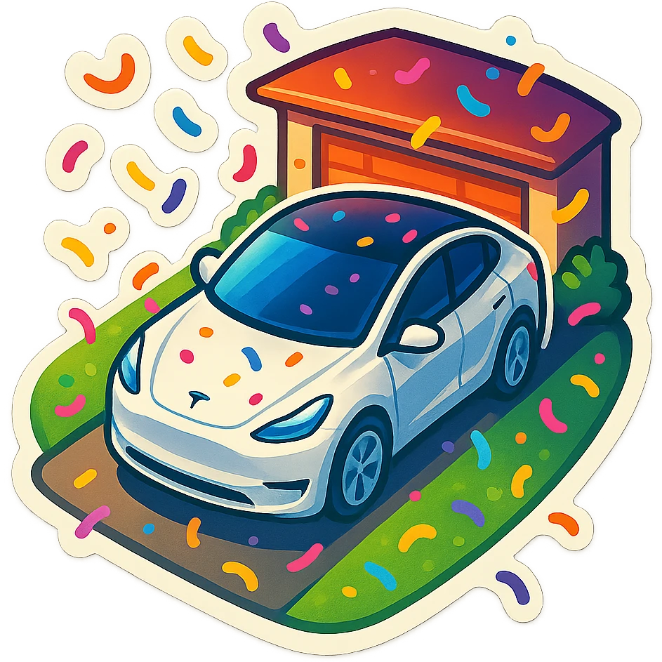 A Tesla Model Y parking in a home driveway with grass on the sides, from above, with confetti emoji