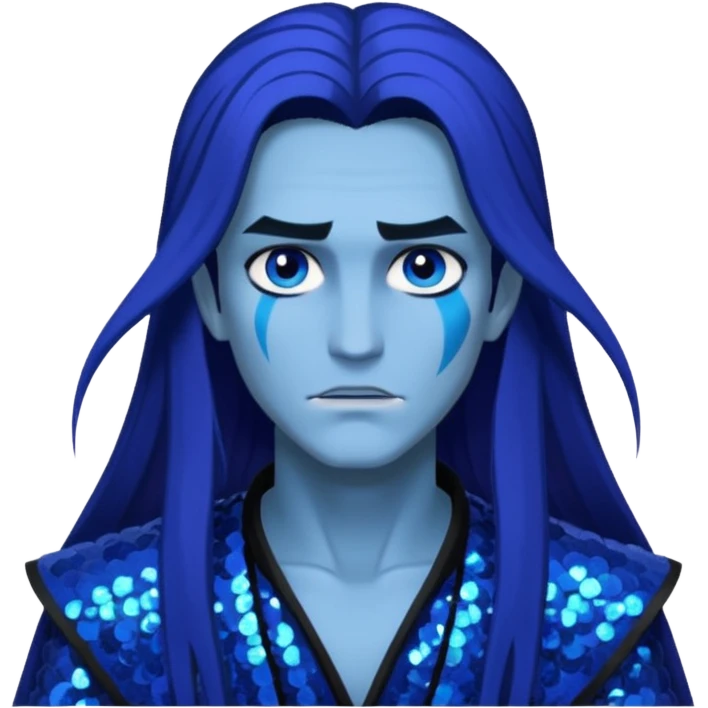 Hades from Lore Olympus with long indigo hair, indigo sequin outfit emoji