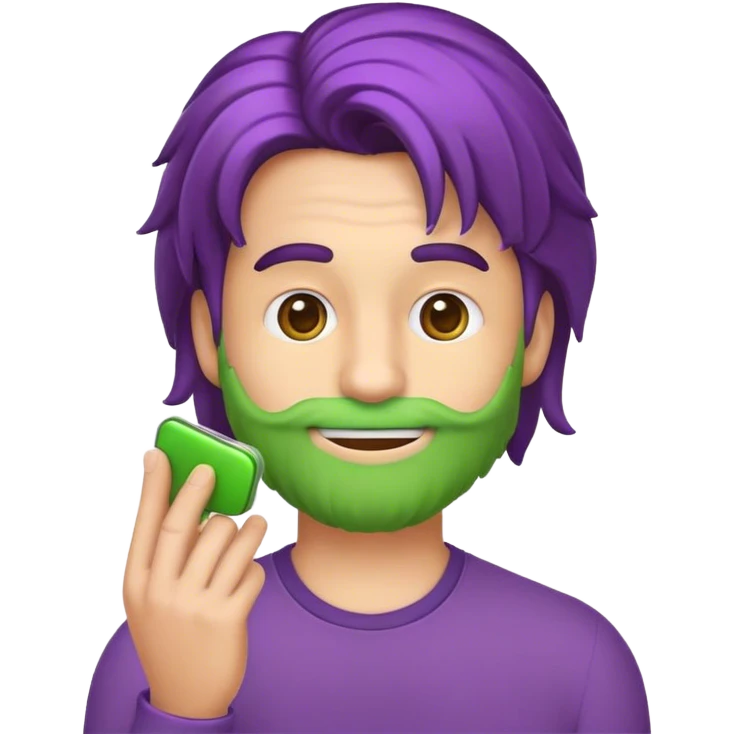 Crie um emoji de um homem com cabelo espetado roxo, fazendo careta e mostrando o dedo do meio com ambas as mãos. Ele deve usar um agasalho verde com listras brancas nos ombros. Use as cores vibrantes e o estilo do emoji original. emoji