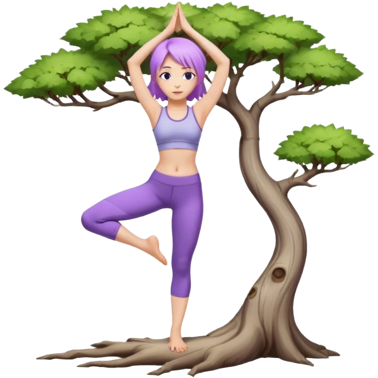 Девушка белокожая, со светло-фиолетовыми волосами, в одежде для йоги, стоит в позе дерева, с правильными пропорциями emoji