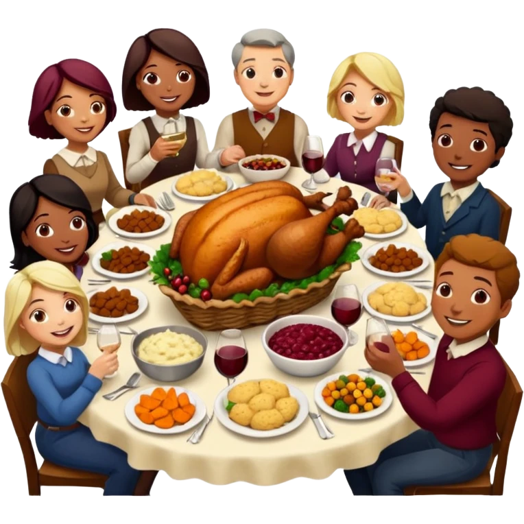 Thanksgiving Dinner with 10 people of different skin color around the table; have the food be a cooked turkey, mashed potatoes, corn, a basket of biscuits, a small bowl of cranberry sauce, baked yams, steamed vegetables, and a bottle of wine. emoji
