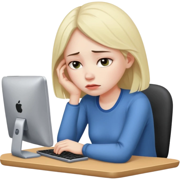 Девушка, которая устала учится и в депрессии, сидя за компьютером  emoji