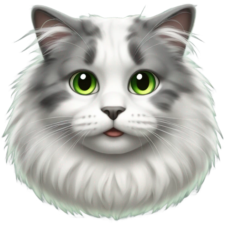 A realistic fluffy white and grey and green eyed cat  emoji