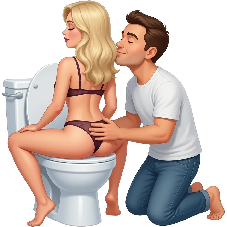 White blonde woman in lingerie sits backwards on open toilet spreading her butt cheeks open while man kneels behind her kissing her butt. Eyes closed smiling emoji