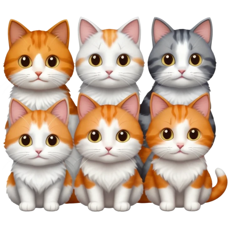 6 cats with different coloured coats, 2 are grey and white, 1 is grey with a little white, 1 calico, 1 brown tabby and white and one ginger and white emoji