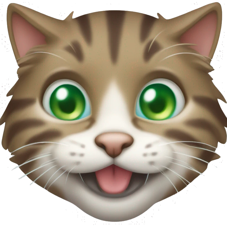 Laughing fluffy brown tabby cat with white nose and blue green eyes  emoji