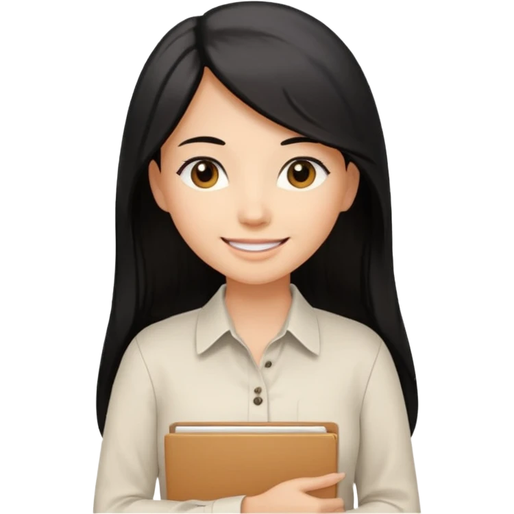 a light tan woman with long black hair past mid-back, round brown eyes, white button up shirt. holding manila folder emoji