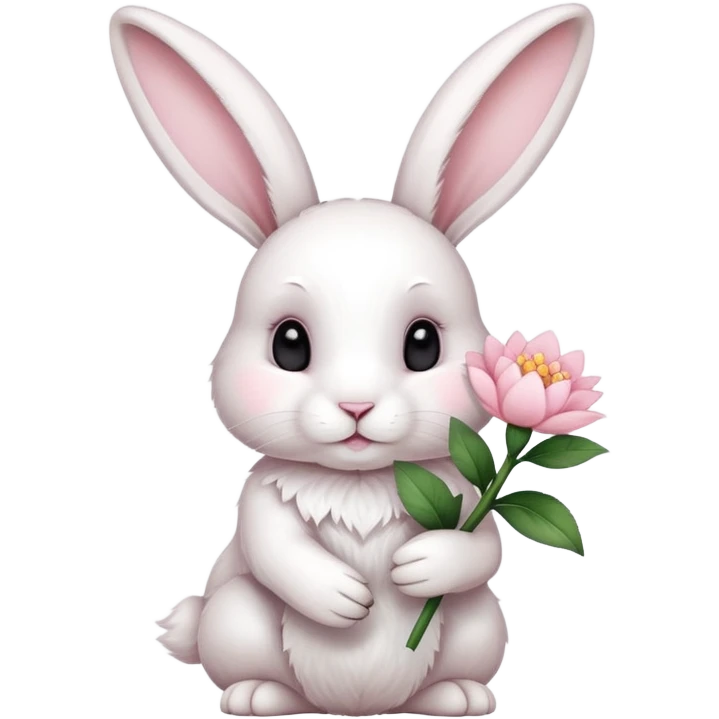 White rabbit holding a light pink flower emoji
