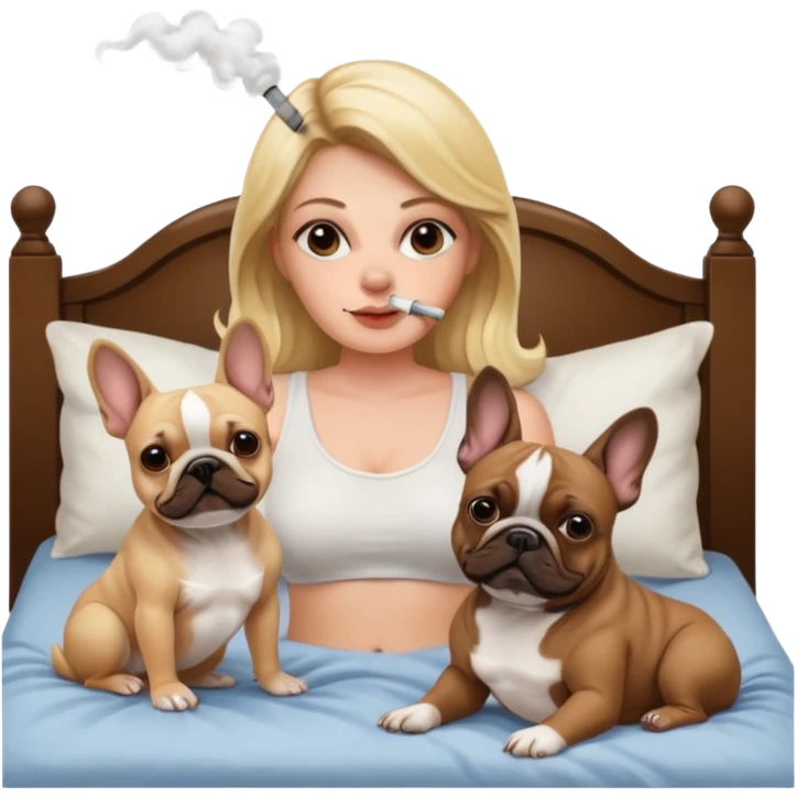 Cannabis bong smoking blonde in bed with brown and white French bulldog and dark brown French bulldog emoji