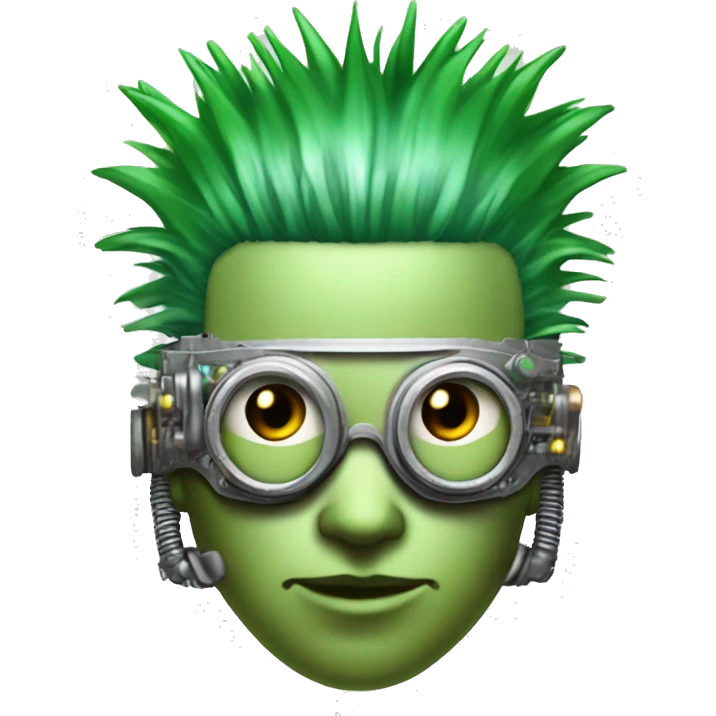 Green Mohawk hair male cyborg head with white steampunk goggles and circuits emoji