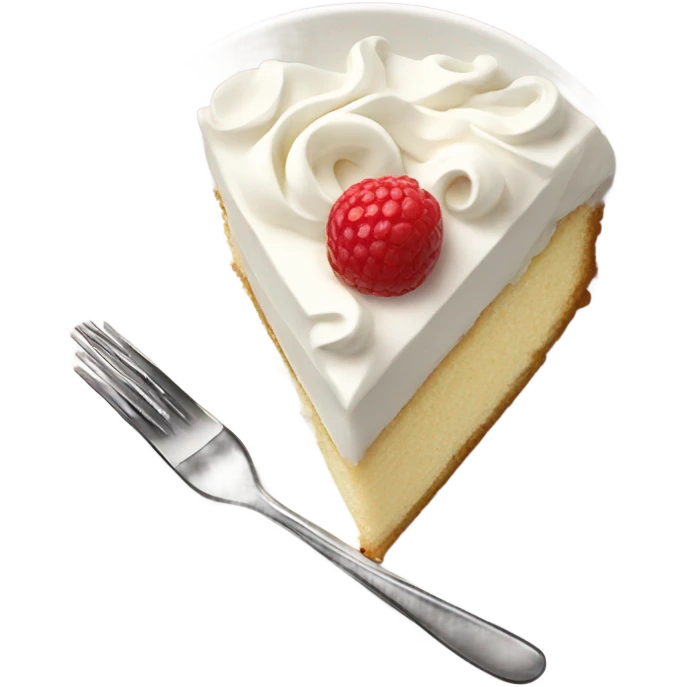 Slice cake vanilla witb whipcream at top and at plate and fork emoji