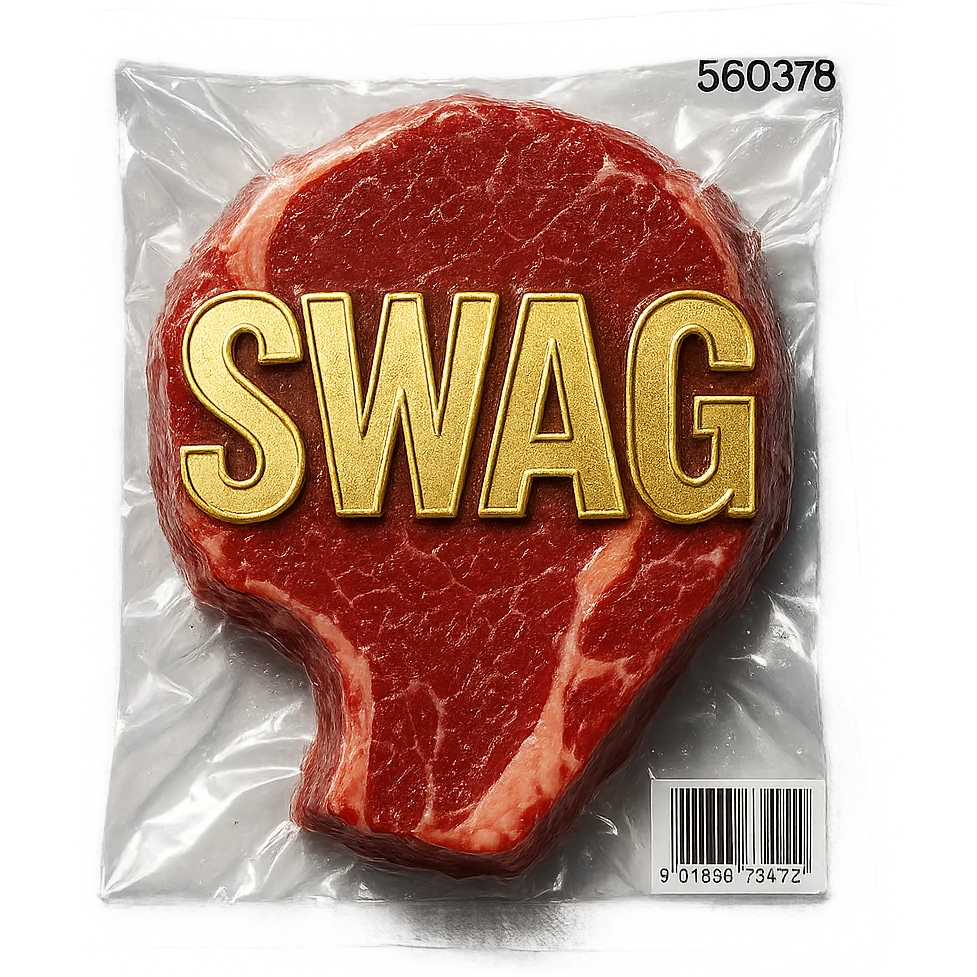 steak with gold outlined 'SWAG' letters, glossy emoji