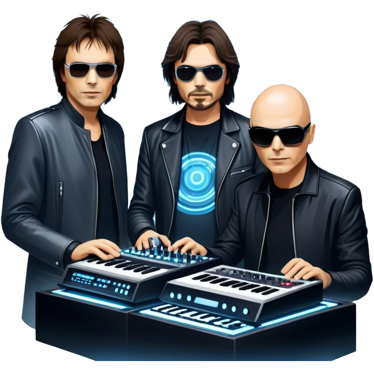 Icon for Electronic Music: Jean-Michel Jarre, Moby, DJ Tiesto, and Jorn van Deynhoven performing with synthesizers, turntables, and futuristic lighting effects. The design should evoke the vibrant and immersive atmosphere of electronic music festivals. Transparent background. emoji